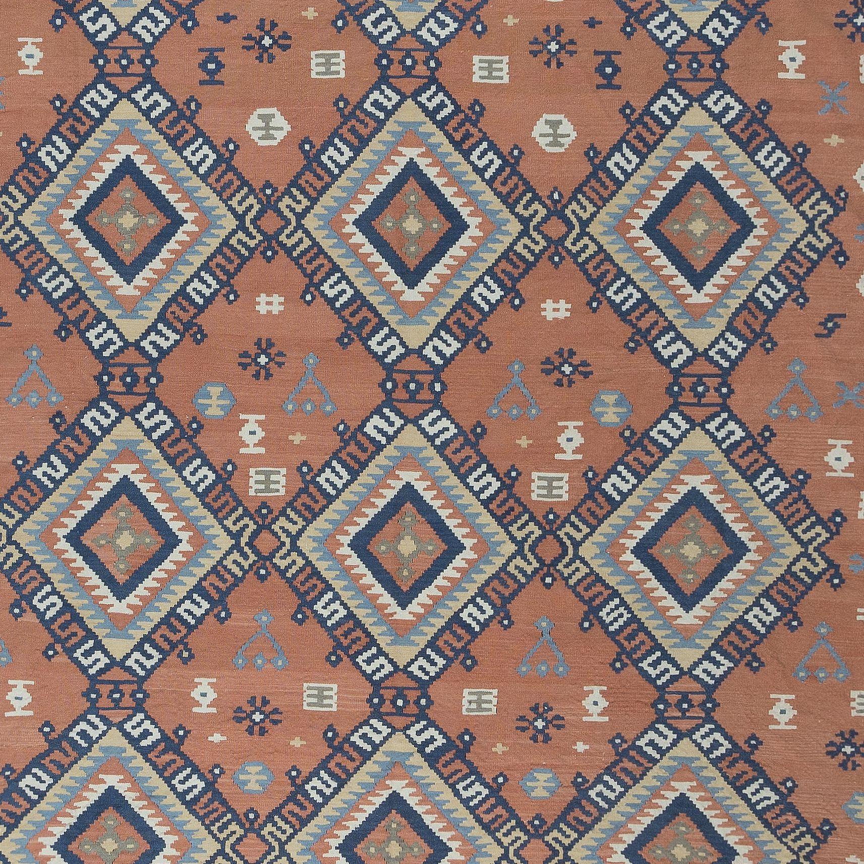 Schwedischer handgewebter Vintage-Kelim-Teppich aus Wolle mit geometrischen Details, 8,5x9.2 Fuß (20. Jahrhundert) im Angebot