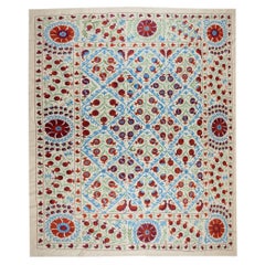 8.5x9.6 Ft Uzbek Suzani Textile, Embroidered Cotton Wall Hanging, Silk Bed Cover 8.5x9.6 Ft Uzbek Suzani Textile, Embroidered Cotton Wall Hanging, Silk Bed Cover
