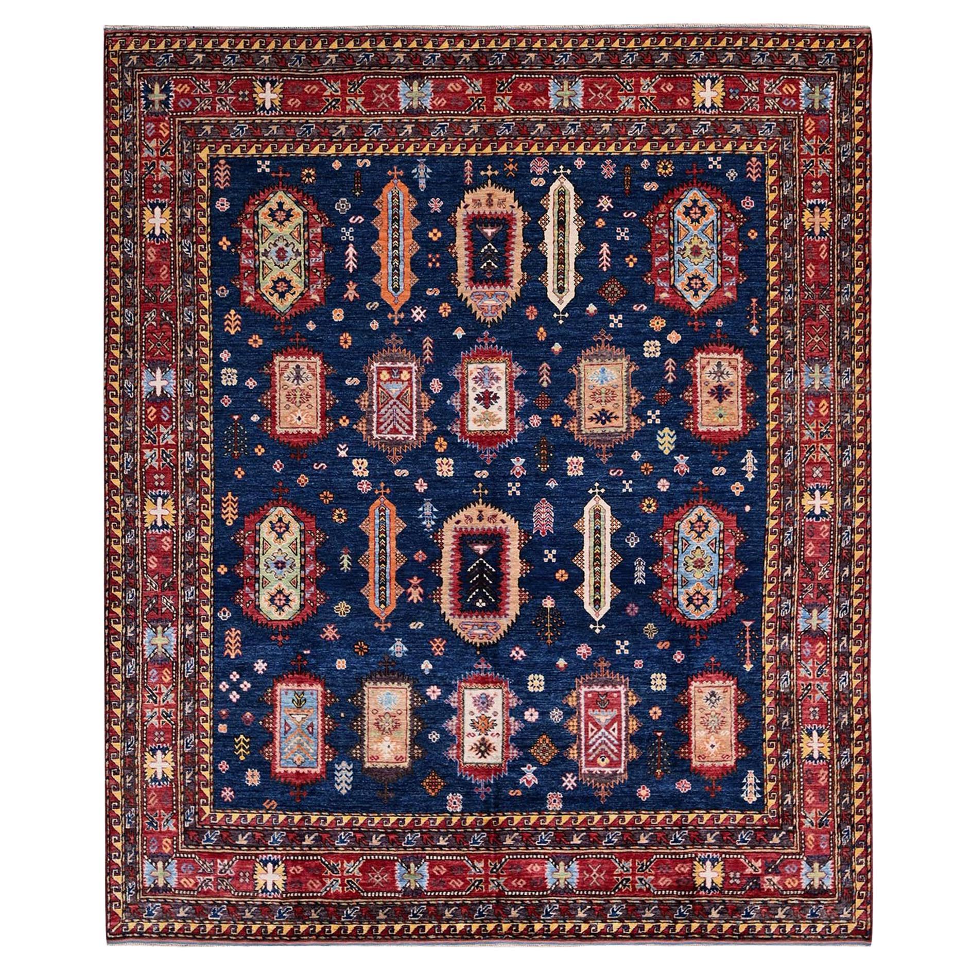 8'5"x9'8" Yale Blue Afghan Ersari Caucasian Design Revival Hand Knotted Wool Rug For Sale