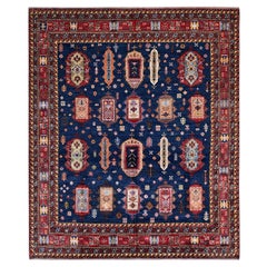 8'5"x9'8" Bleu Yale Afghan Ersari Design Revival noué à la main du Caucase