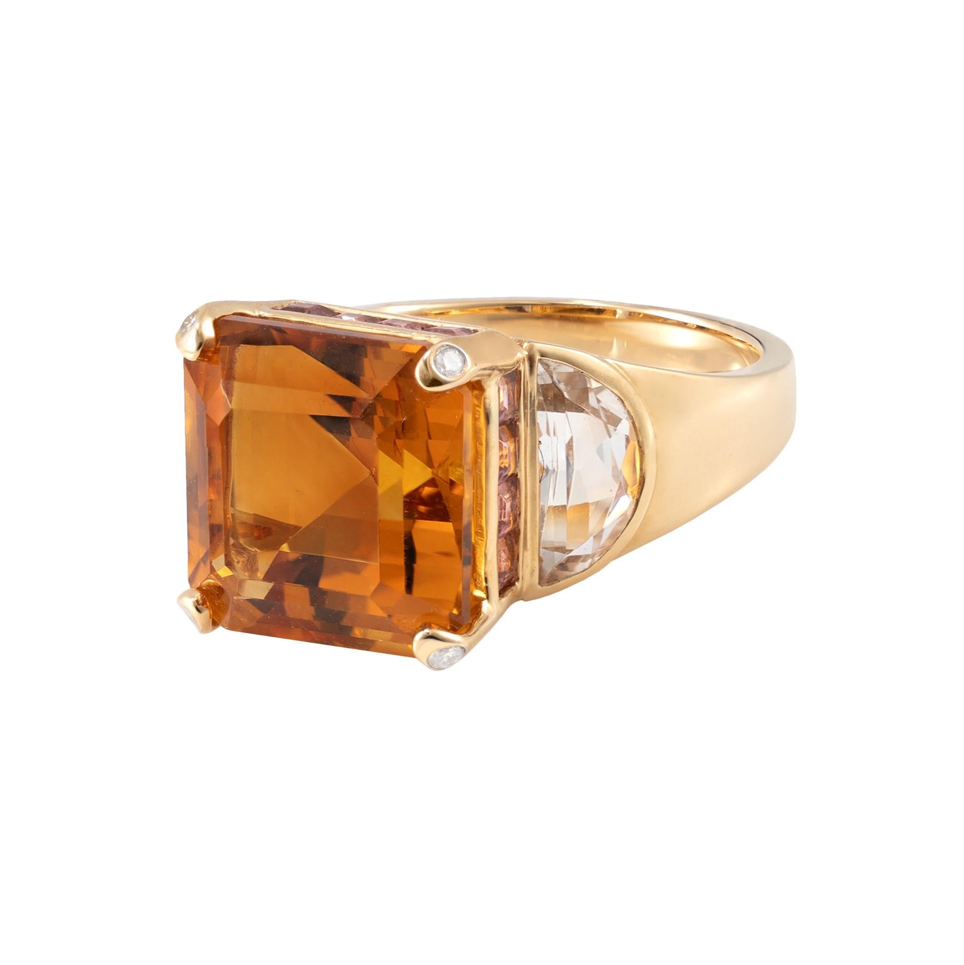 Octagon Cut 8.6 Carat Citrine, Pink Tourmaline, Topaz & Diamond Ring in 18 Karat Yellow Gold For Sale