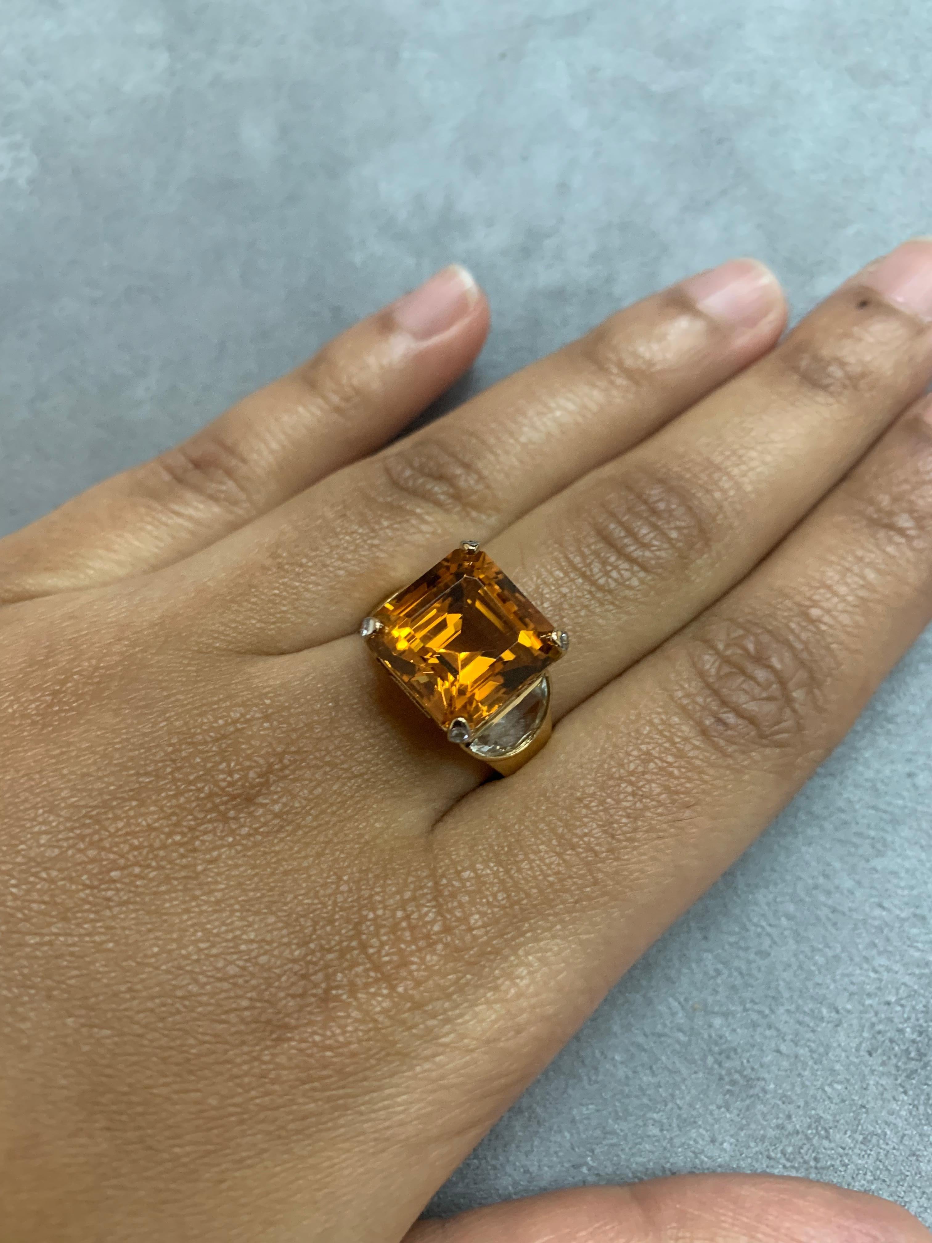 Modern 8.6 Carat Citrine, Pink Tourmaline, Topaz & Diamond Ring in 18 Karat Yellow Gold For Sale