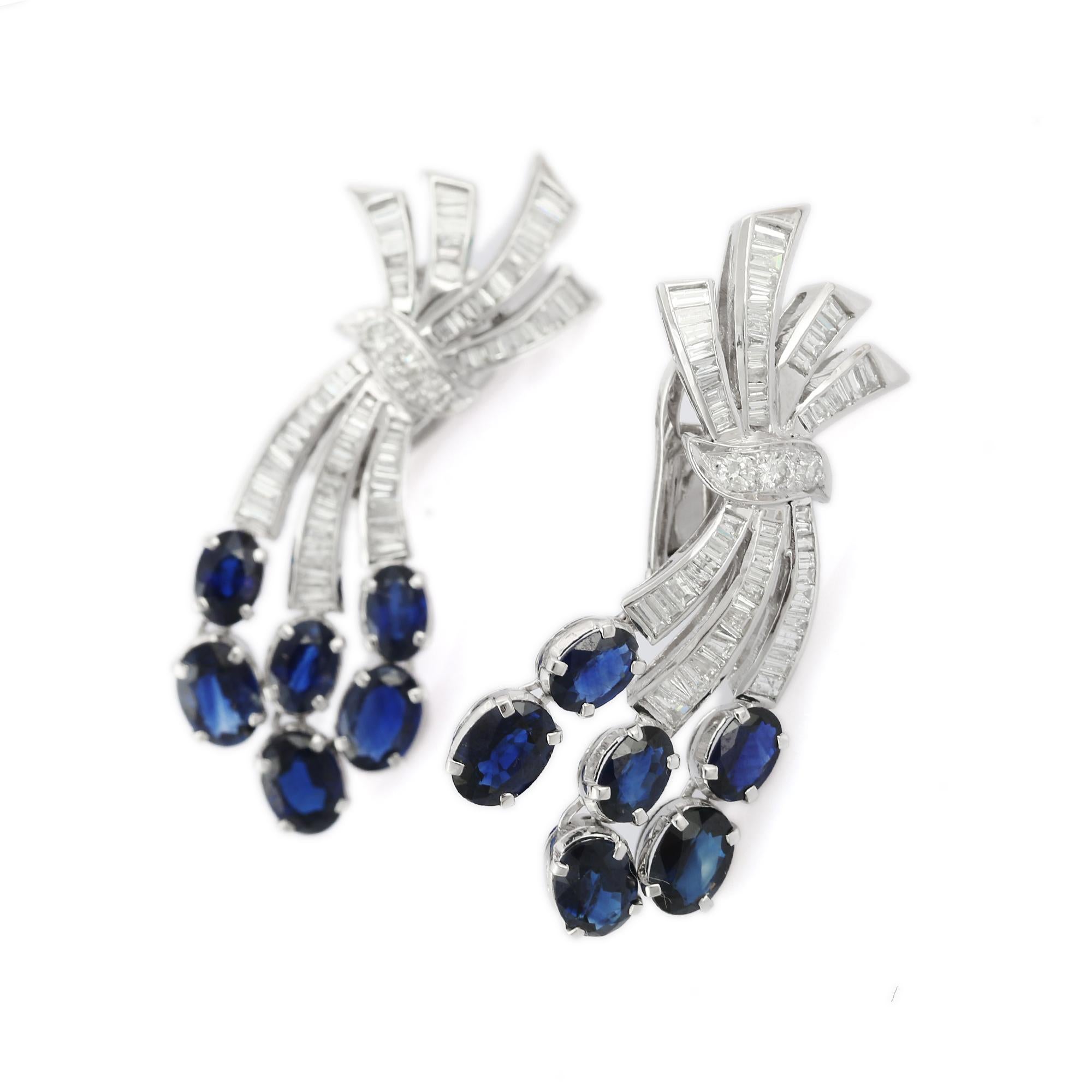Contemporary 8.6 Carat Dangle Sapphire and Diamond Earrings in 18K White Gold For Sale