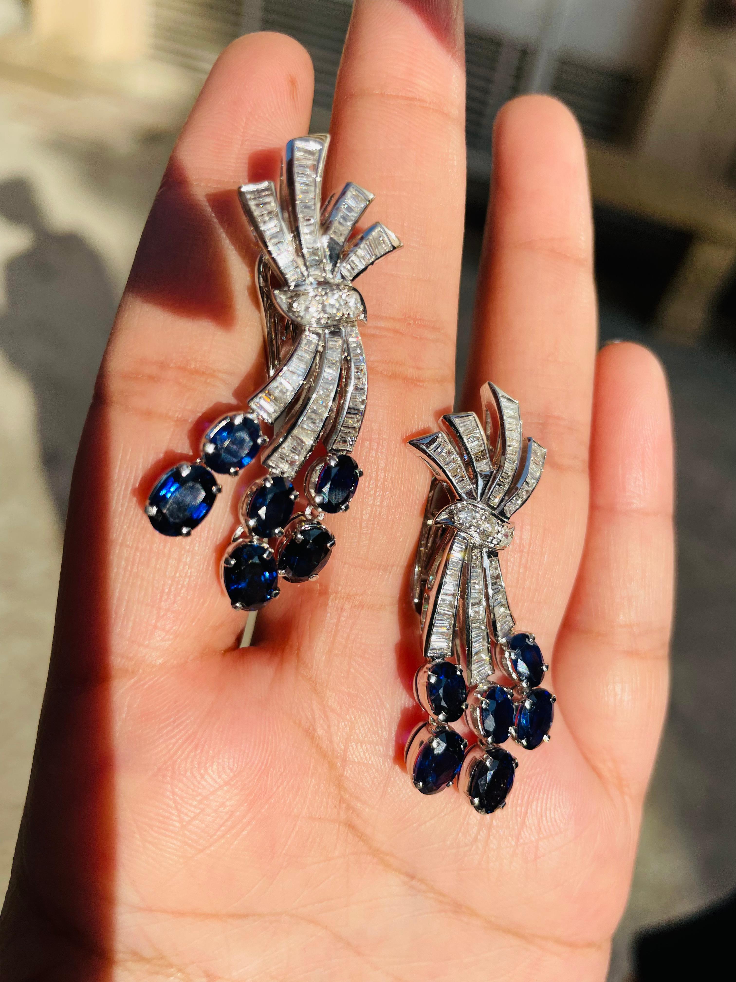 Oval Cut 8.6 Carat Dangle Sapphire and Diamond Earrings in 18K White Gold For Sale