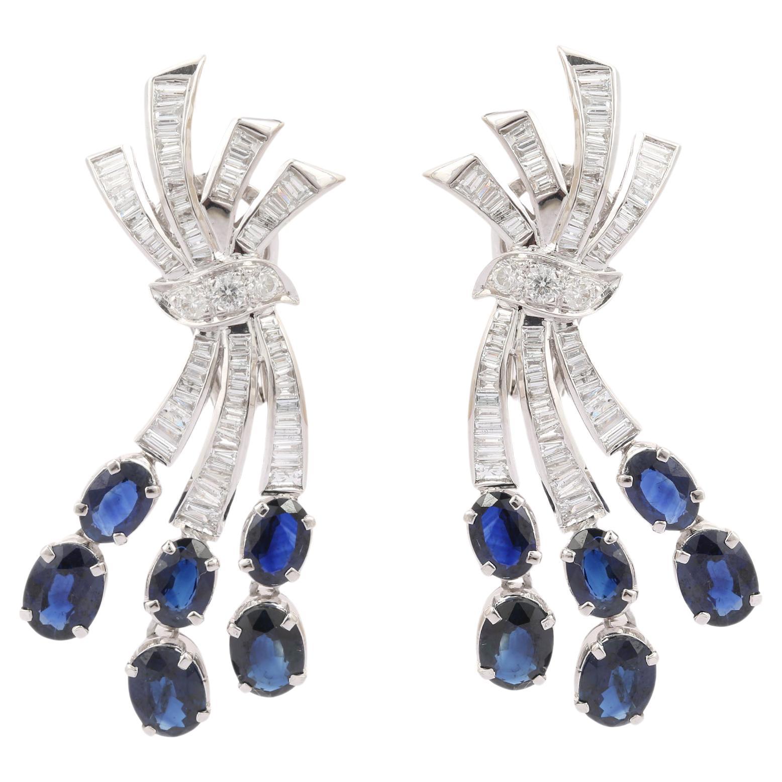 8.6 Carat Dangle Sapphire and Diamond Earrings in 18K White Gold For Sale
