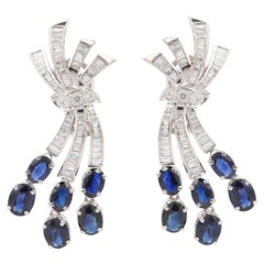 Vintage 8.6 Carat Dangle Sapphire and Diamond Earrings in 18K White Gold