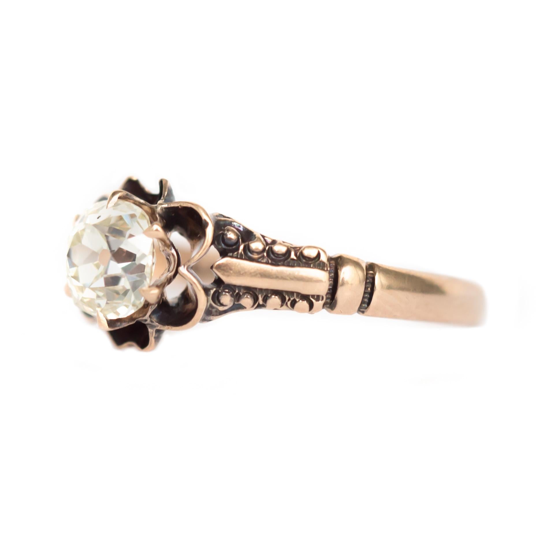 Item Details: 
Ring Size: 7.25
Metal Type: 9 Karat Yellow Gold 
Weight: 2.0 grams

Center Diamond Details
Shape: Antique Cushion
Carat Weight: .86 carat
Color: J
Clarity: VS1

Finger to Top of Stone Measurement: 3.53mm