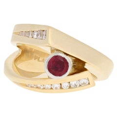 .86 Carat Round Cut Ruby and Diamond Ring, 18 Karat Gold and 900 Platinum Bypass