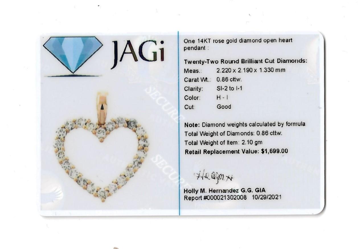 .86 Carat Total Round Brilliant Diamond Open Heart Pendant in 14 Karat Rose Gold For Sale 5