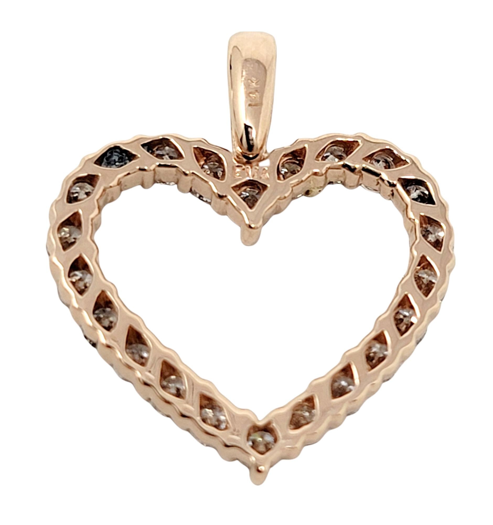 .86 Carat Total Round Brilliant Diamond Open Heart Pendant in 14 Karat Rose Gold In Good Condition For Sale In Scottsdale, AZ