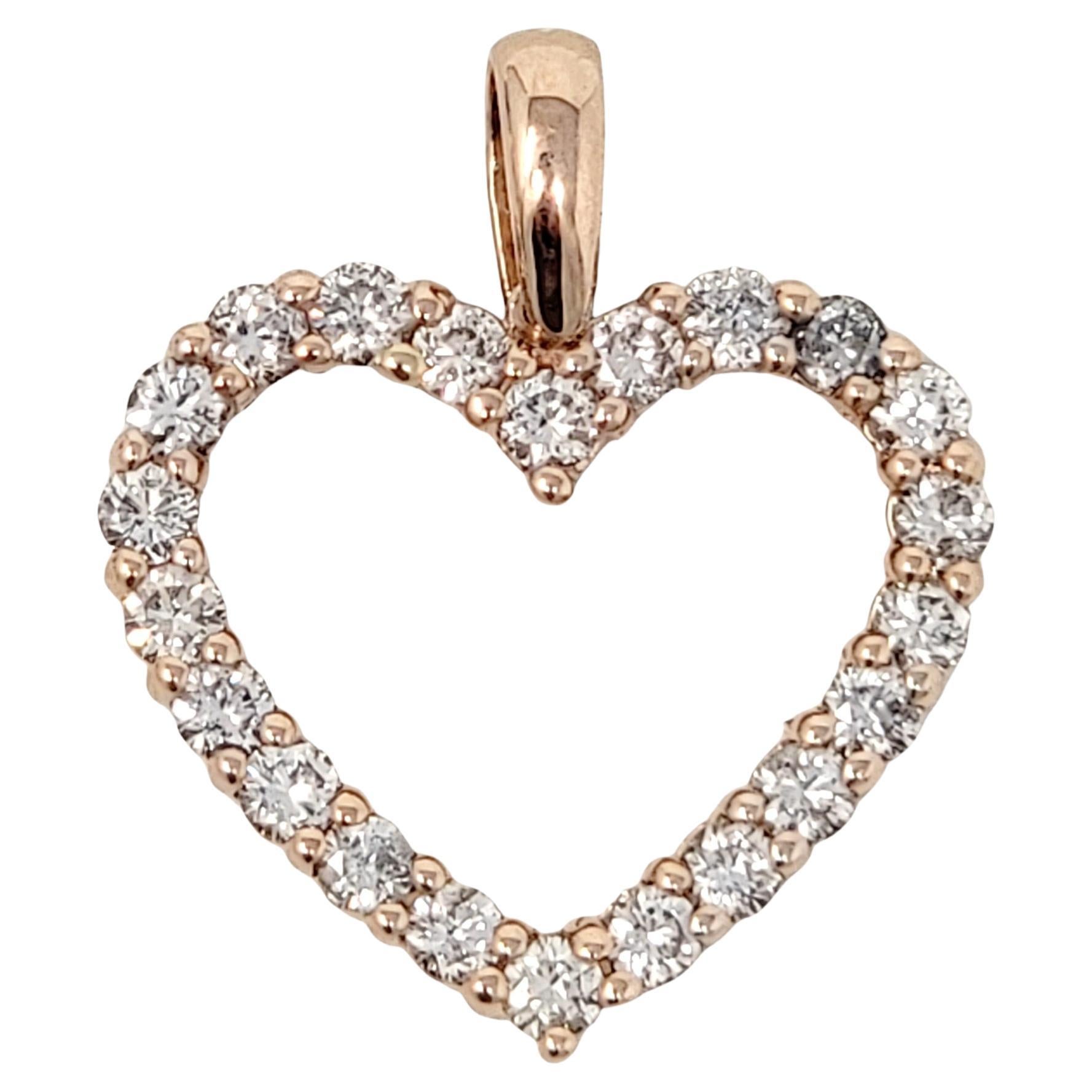 Pendentif cœur ouvert en or rose 14 carats avec diamants ronds et brillants de 0,86 carat au total en vente