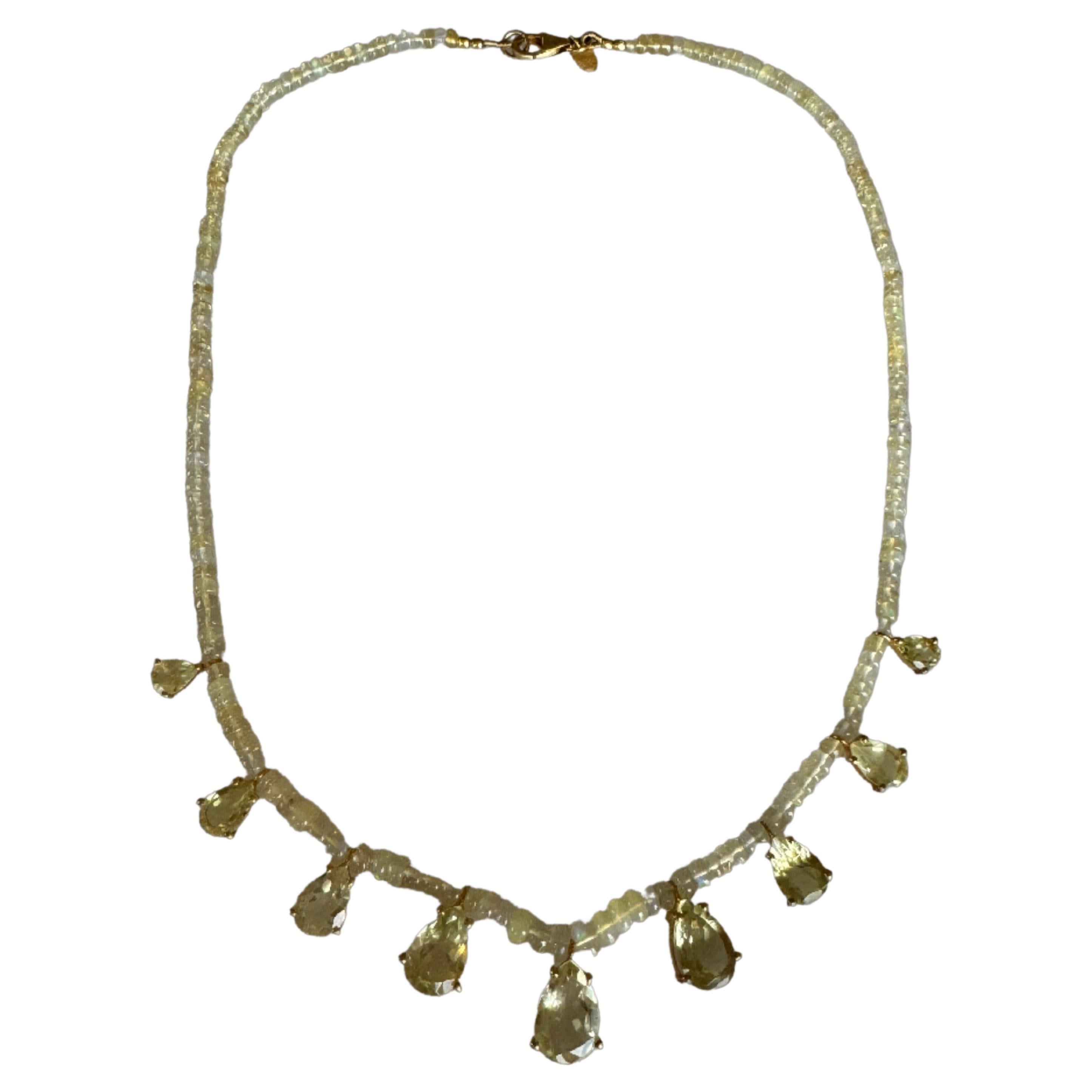 8.6 Carat Yellow Lemon Topaz & Rainbow Opal Gold Beaded Necklace For Sale
