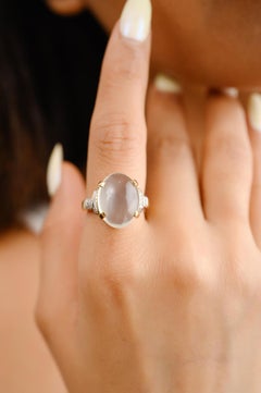 Anello cocktail unisex con pietra lunare da 8,6 CTW e diamanti in oro giallo massiccio 18k