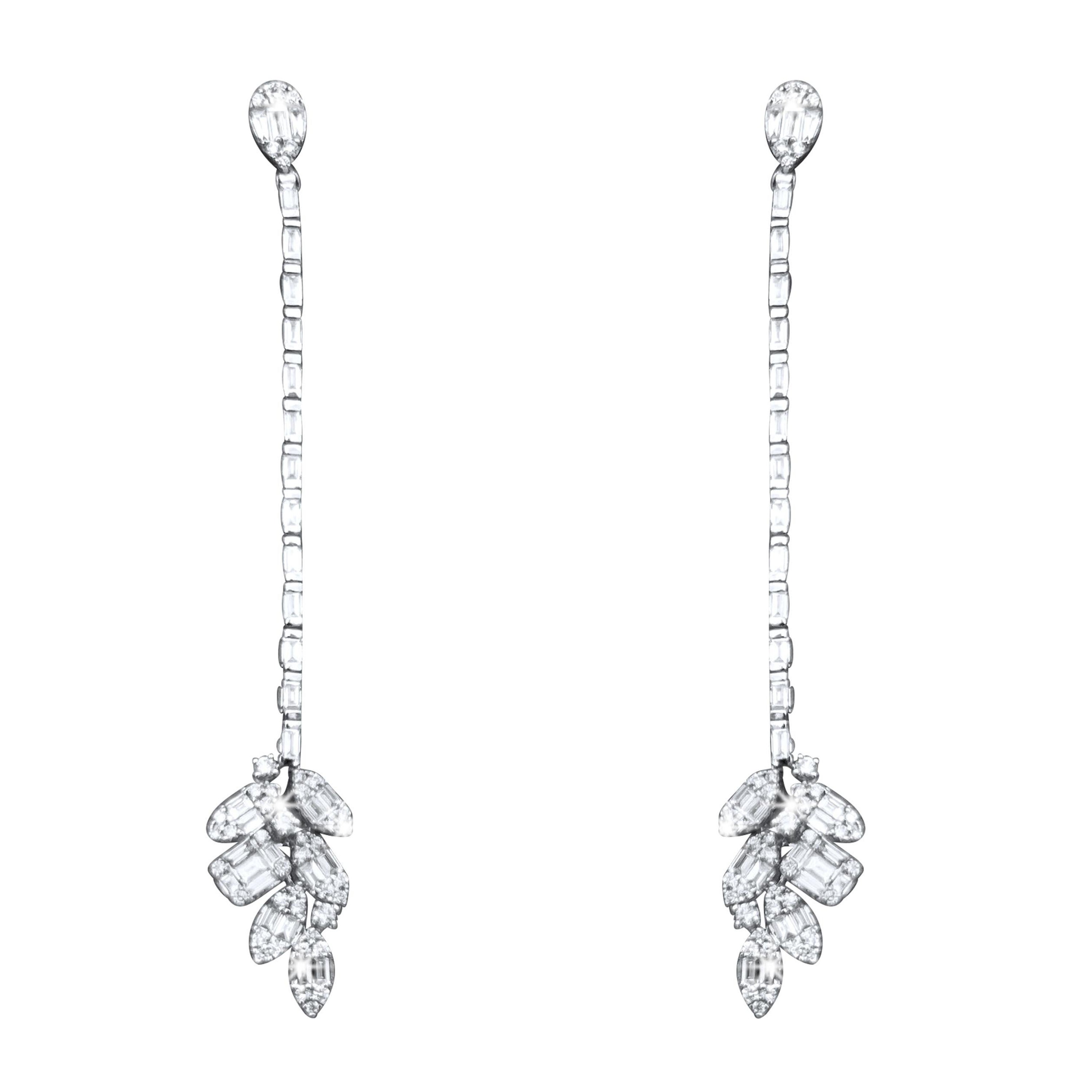 2.51ct Round Baguette Diamond 18K White Gold Drop Earrings