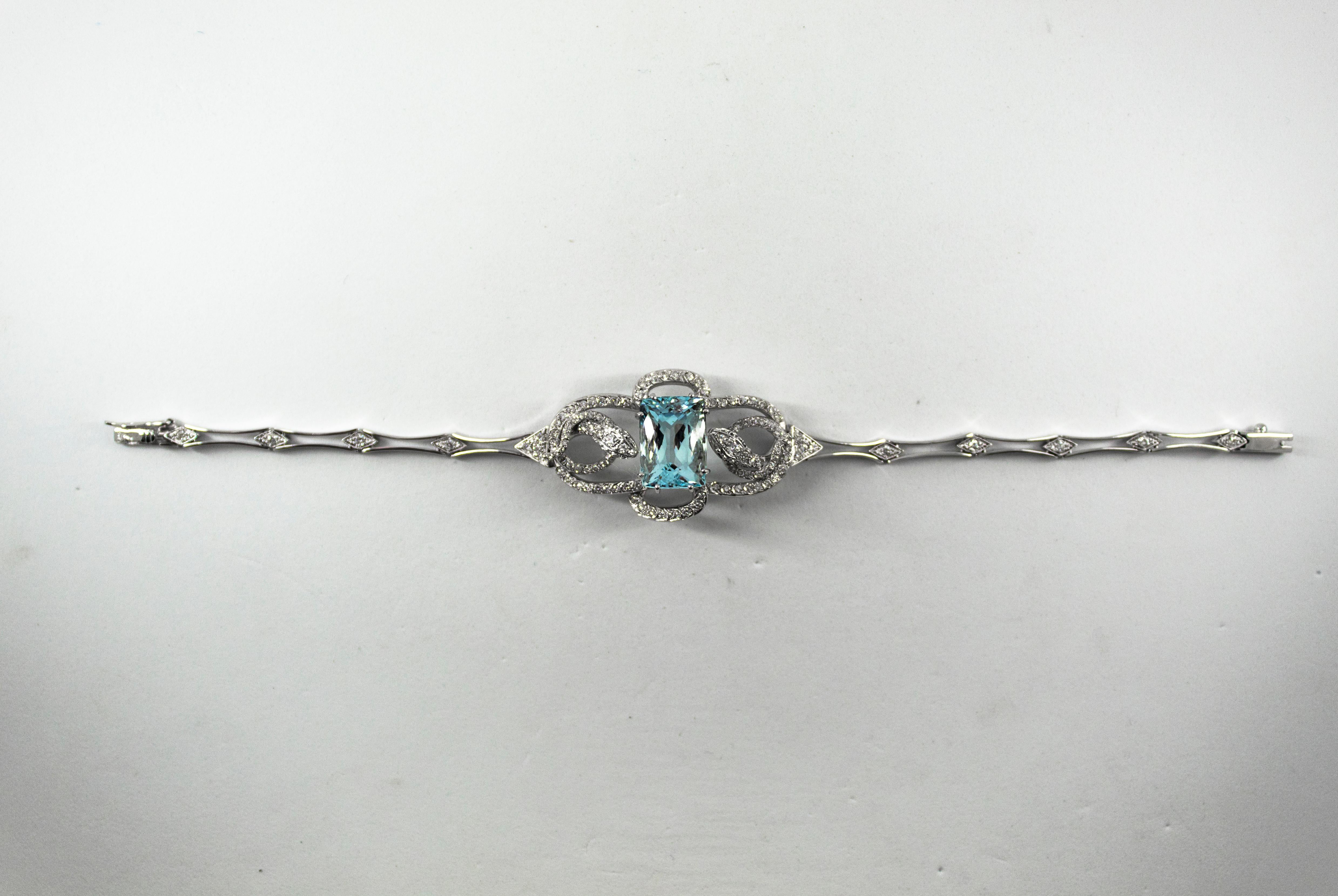 This Bracelet is made of 18K White Gold.
This Bracelet has 1.25 Carats of White Brilliant Cut Diamonds.
This Bracelet has an 8.60 Carats Natural Aquamarine.
This Bracelet is inspired by Art Nouveau.

We're a workshop so every piece is handmade,
