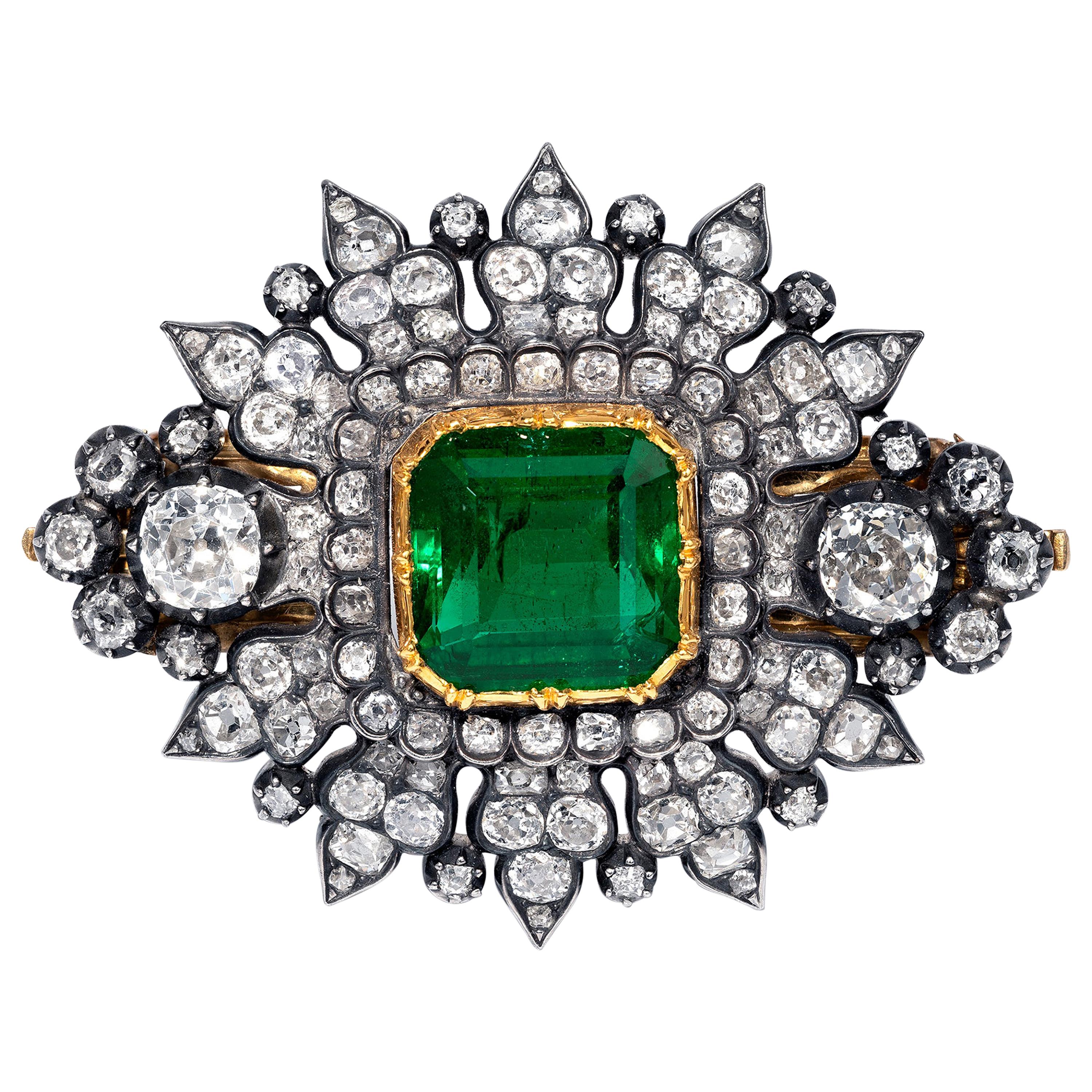 8.60 Carat Emerald And Diamond Brooch For Sale