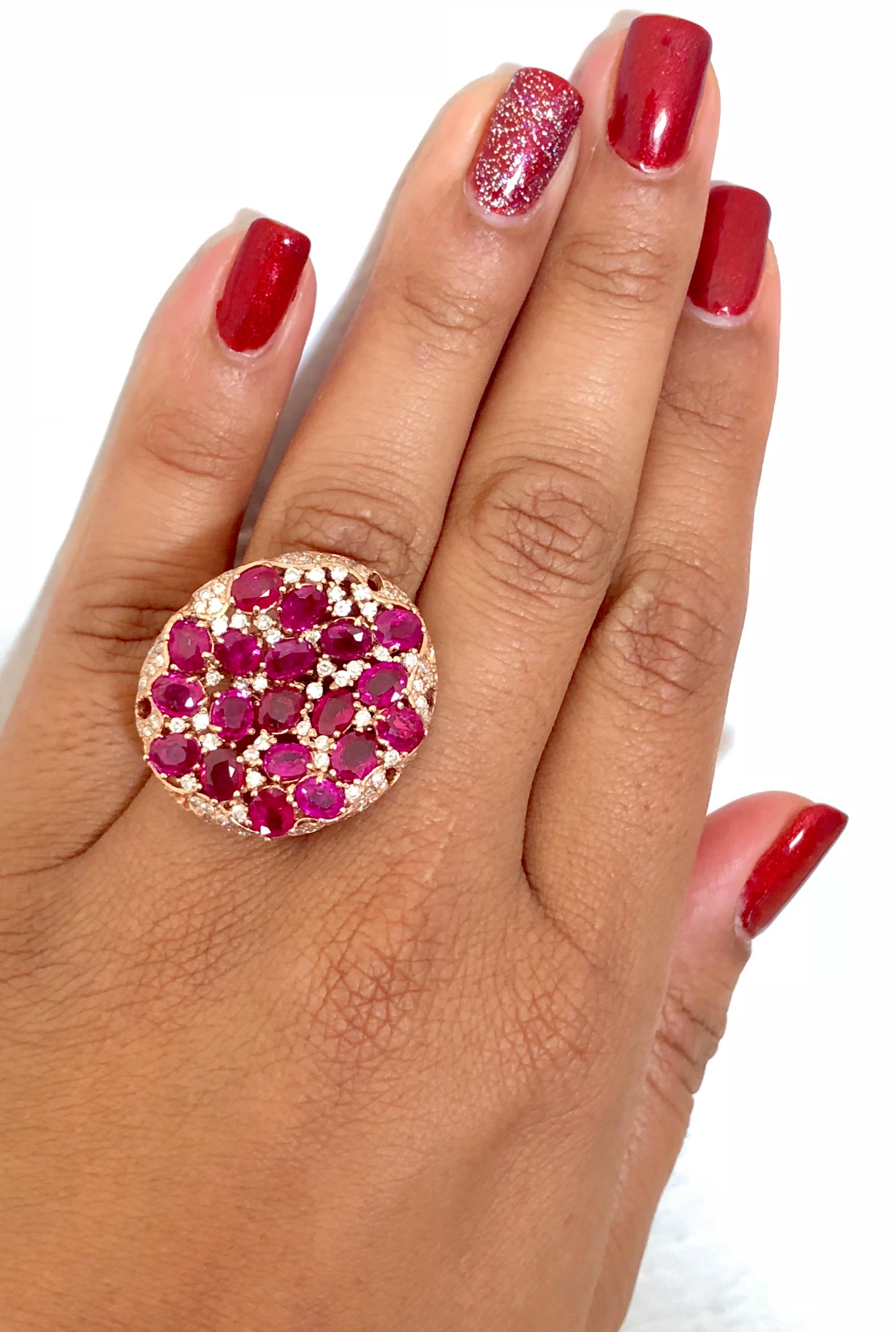 Oval Cut 8.60 Carat GIA Certified Ruby and Diamond 14 Karat Rose Gold Cocktail Ring For Sale