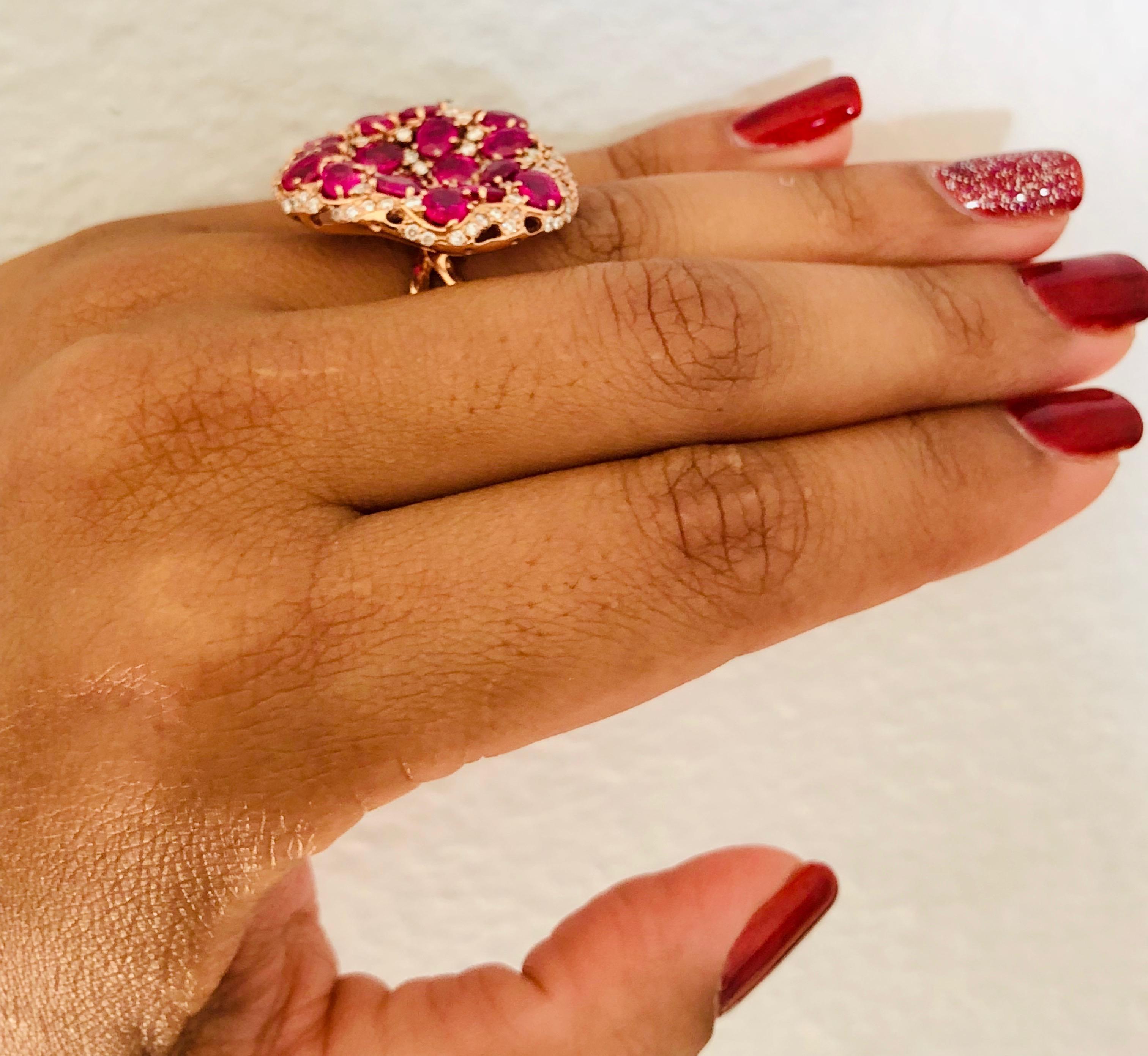 8.60 Carat GIA Certified Ruby and Diamond 14 Karat Rose Gold Cocktail Ring In New Condition For Sale In Los Angeles, CA