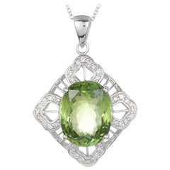 8.60 Carat Oval Green Tourmaline Diamond Pendant Vintage Inspired 14 Karat Gold