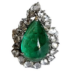 8.60 carat Zambian Emerald Cabochon & Rose Cut Diamonds Art Deco style Dome Ring