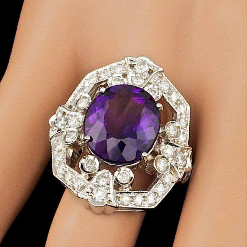 Mixed Cut 8.60 Carats Natural Amethyst and Diamond 14K Solid White Gold Ring For Sale