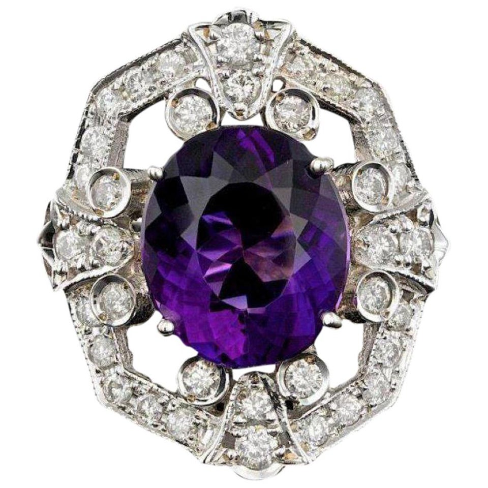 14 Karat massiver Weißgold-Ring mit 8,60 Karat natürlichem Amethyst und Diamant