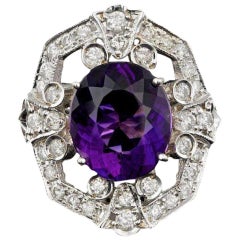 14 Karat massiver Weißgold-Ring mit 8,60 Karat natürlichem Amethyst und Diamant