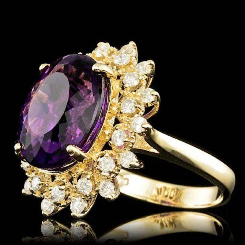 8.60 Carats Natural Amethyst and Diamond 14K Solid Yellow Gold Ring

Total Natural Oval Shaped Amethyst Weights: 7.90 Carats 

Amethyst Measures: Approx. 14.00 x 12.00mm

Natural Round Diamonds Weight: 0.70 Carats (color G-H / Clarity SI1-SI2)

Ring