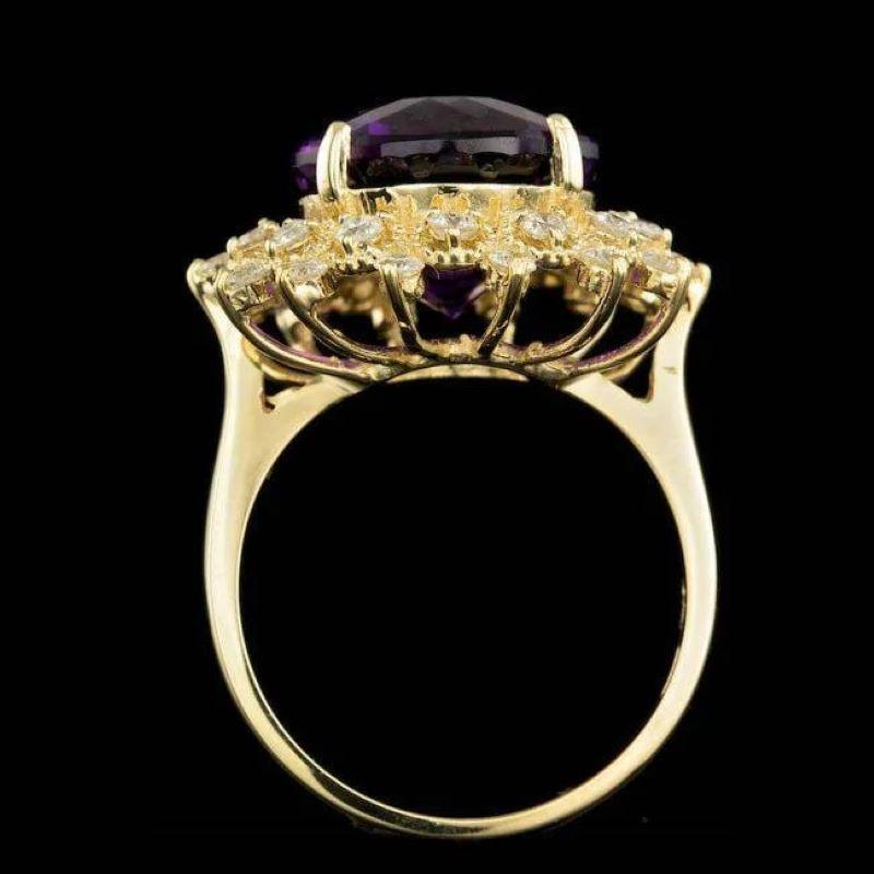Mixed Cut 8.60 Carats Natural Amethyst and Diamond 14K Solid Yellow Gold Ring For Sale