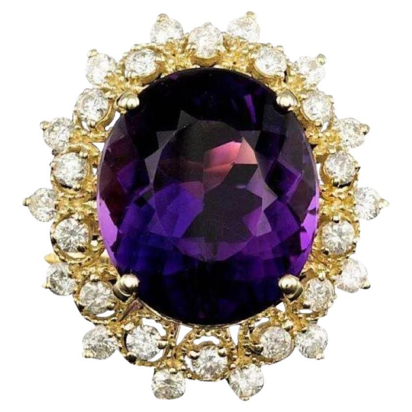 14 Karat massiver Gelbgold Ring mit 8,60 Karat natürlichem Amethyst und Diamant