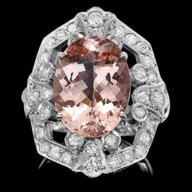 Mixed Cut 8.60 Carats Natural Morganite and Diamond 14K Solid White Gold Ring For Sale