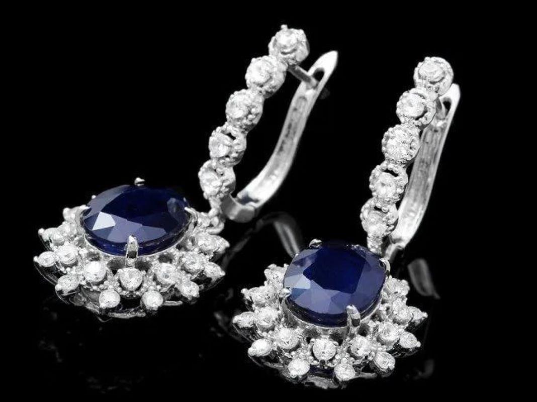 Mixed Cut 8.60 Carats Natural Sapphire and Diamond 14K Solid White Gold Earrings For Sale