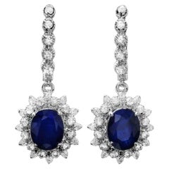 8.60 Carats Natural Sapphire and Diamond 14K Solid White Gold Earrings