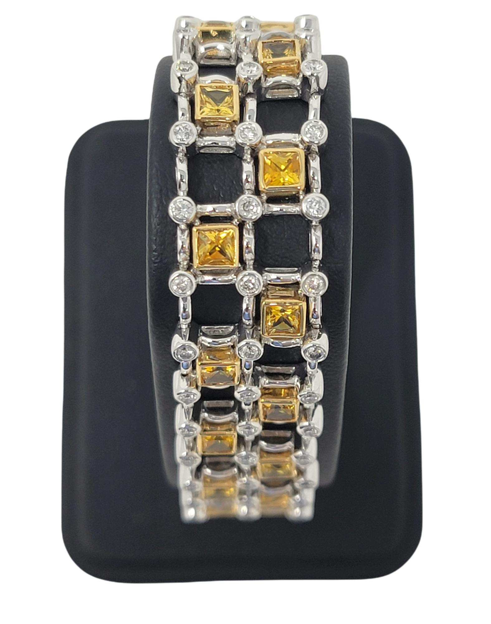 8.60 Carats Square Yellow Sapphire and Round Diamond Two-Tone Gold Link Bracelet For Sale 6