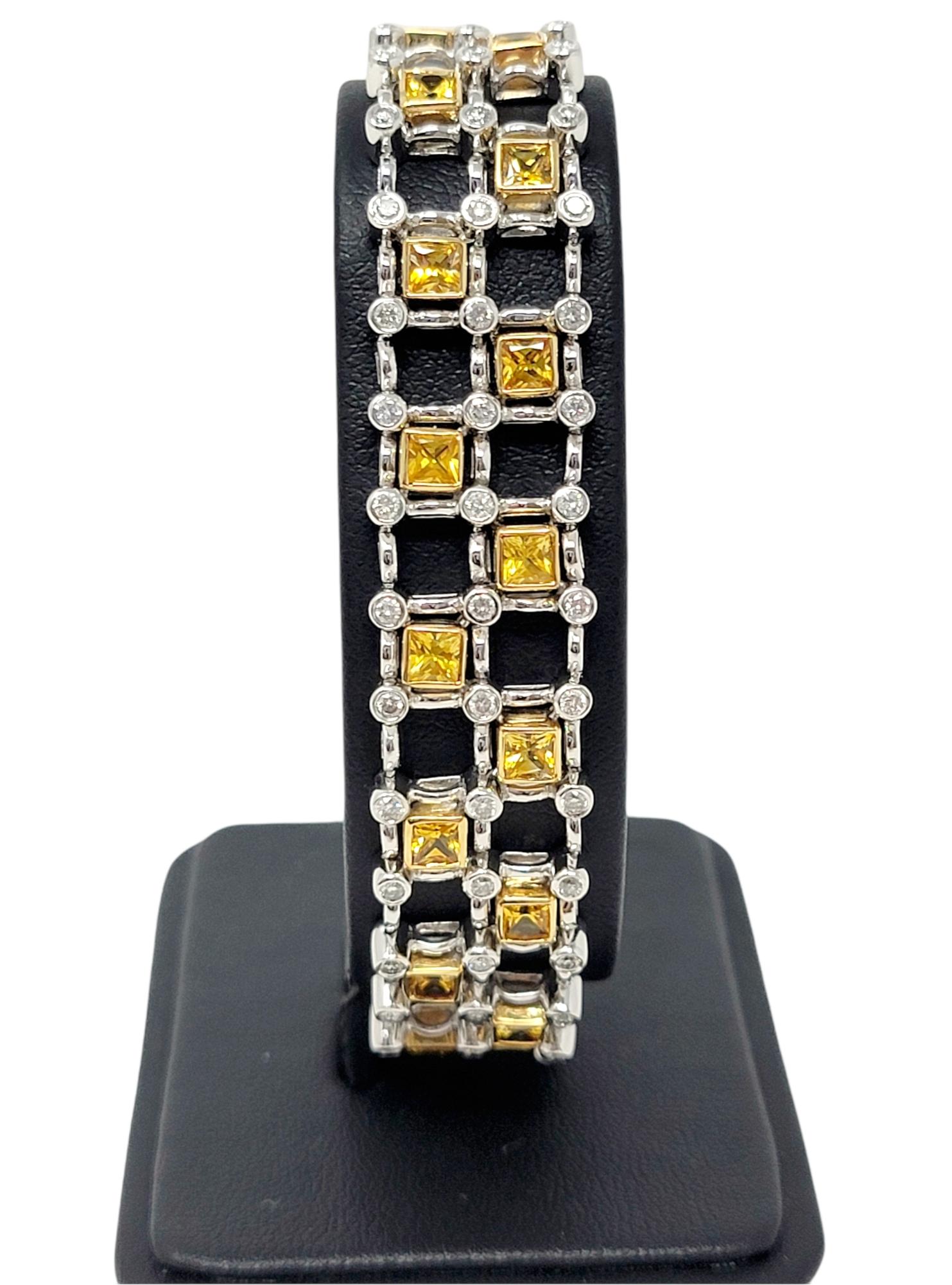 8.60 Carats Square Yellow Sapphire and Round Diamond Two-Tone Gold Link Bracelet For Sale 7