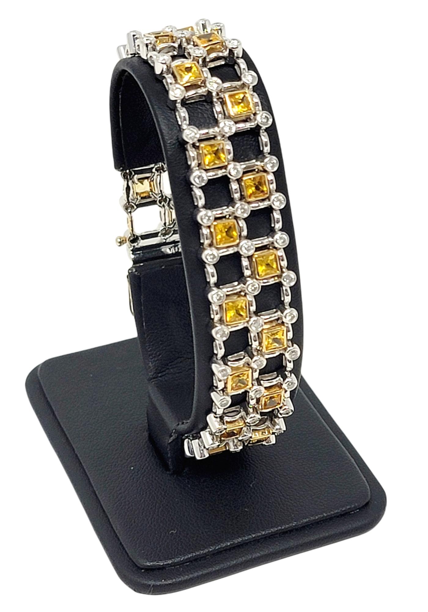 8.60 Carats Square Yellow Sapphire and Round Diamond Two-Tone Gold Link Bracelet For Sale 8