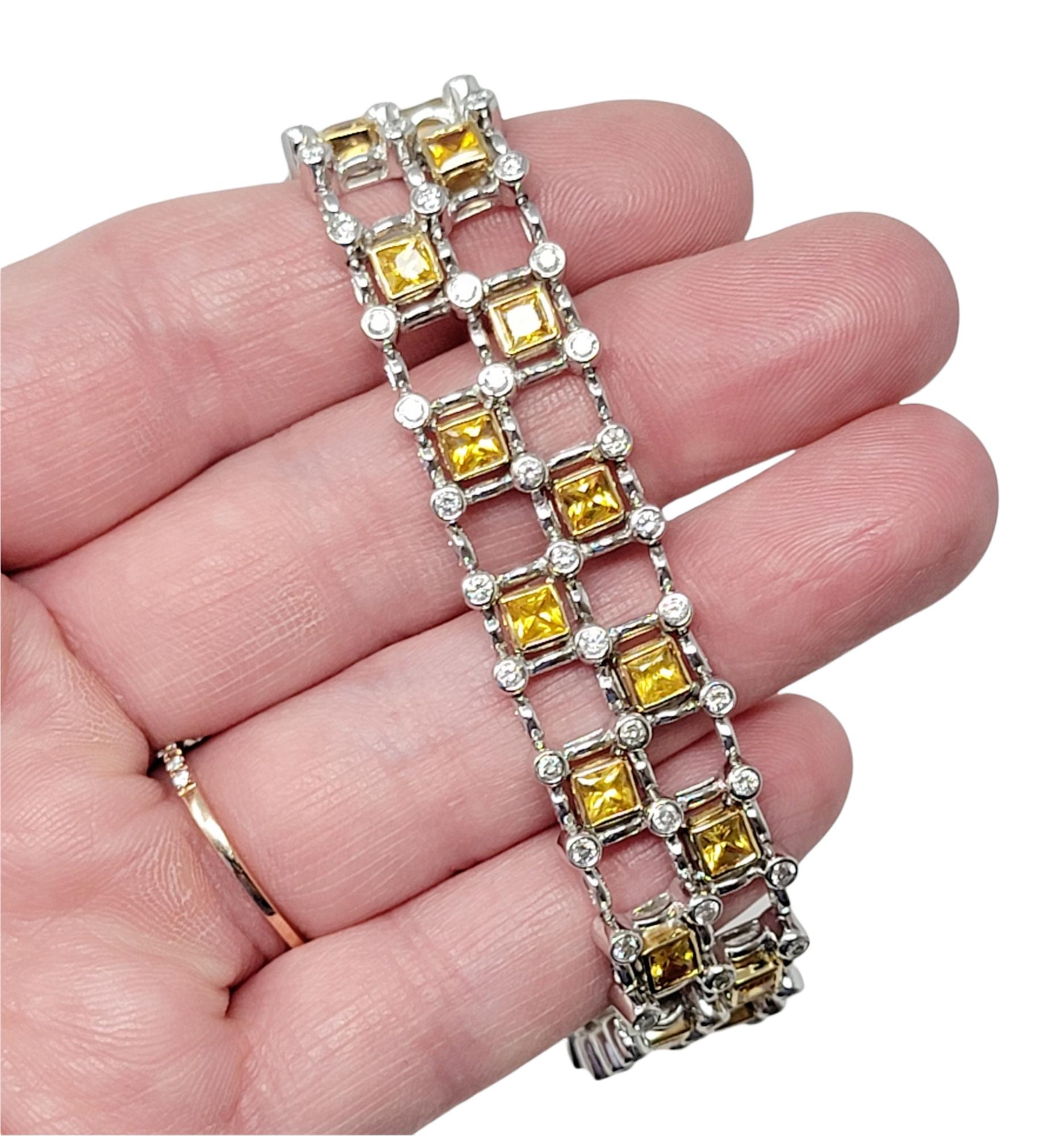 8.60 Carats Square Yellow Sapphire and Round Diamond Two-Tone Gold Link Bracelet For Sale 9