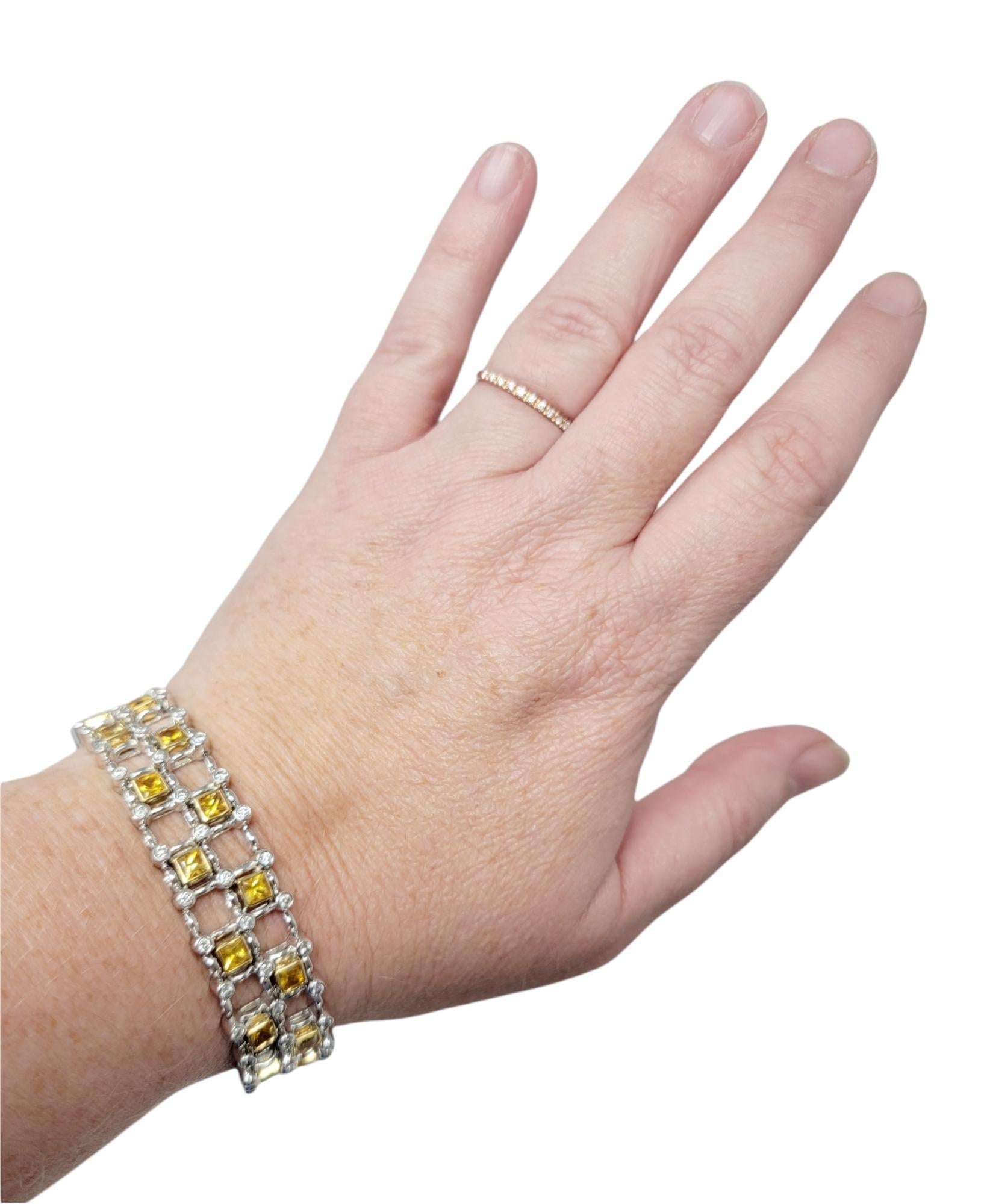 8.60 Carats Square Yellow Sapphire and Round Diamond Two-Tone Gold Link Bracelet For Sale 10