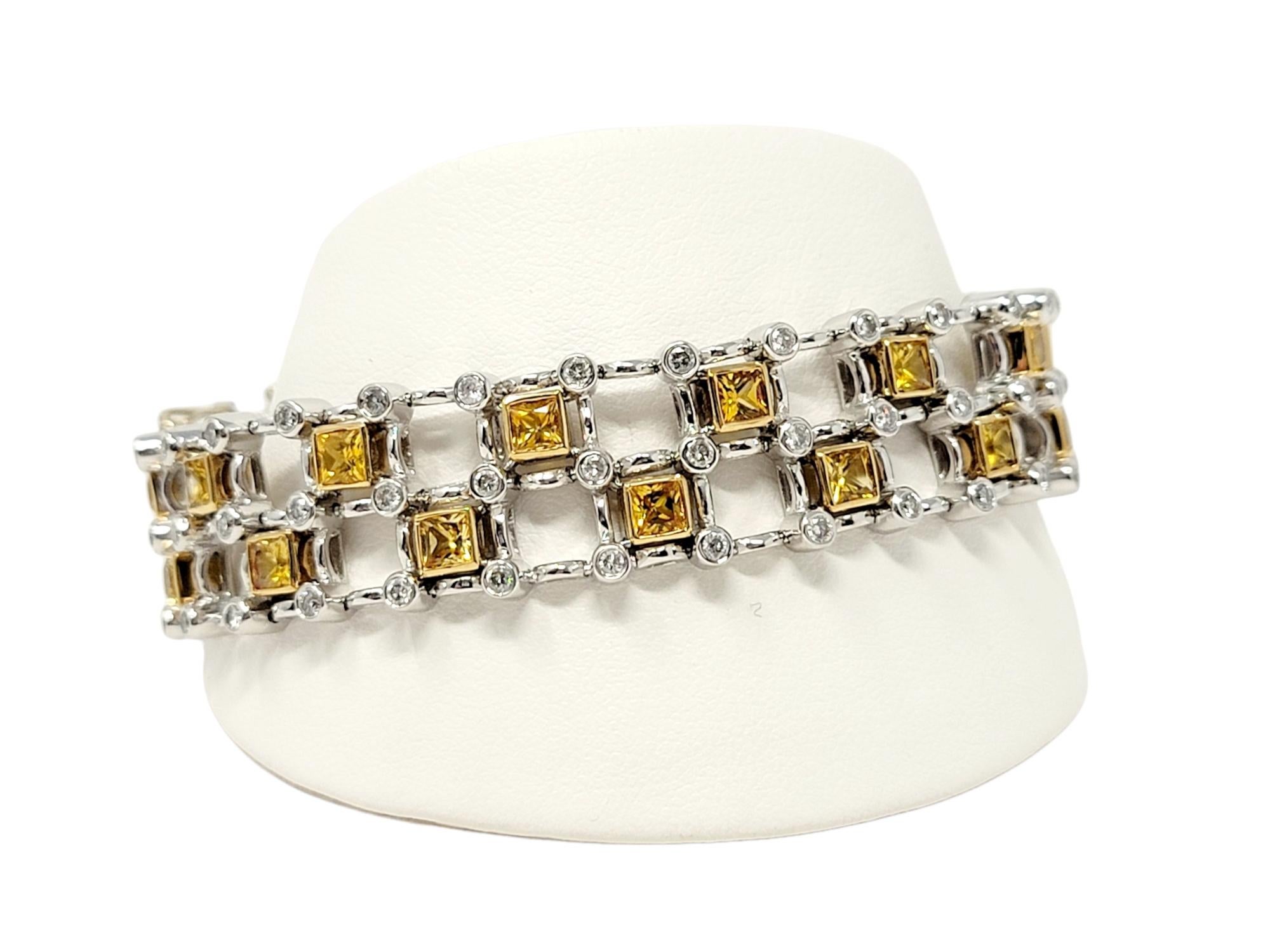 8.60 Carats Square Yellow Sapphire and Round Diamond Two-Tone Gold Link Bracelet For Sale 11
