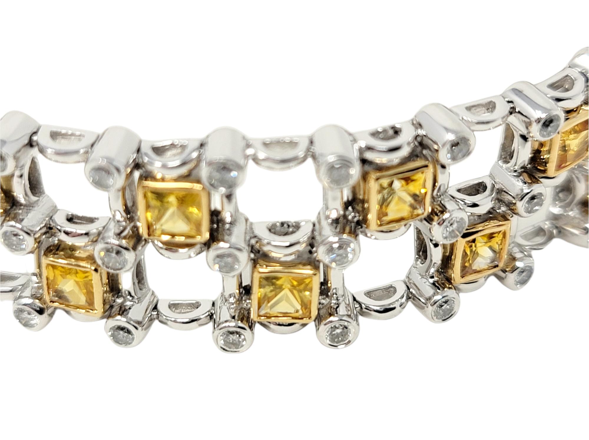 Contemporary 8.60 Carats Square Yellow Sapphire and Round Diamond Two-Tone Gold Link Bracelet For Sale