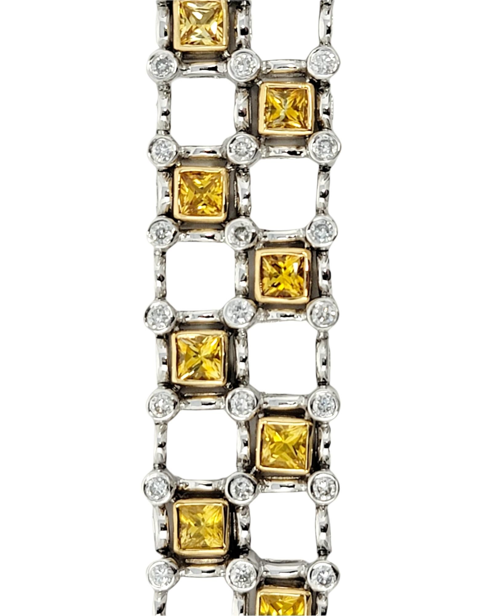 Princess Cut 8.60 Carats Square Yellow Sapphire and Round Diamond Two-Tone Gold Link Bracelet For Sale
