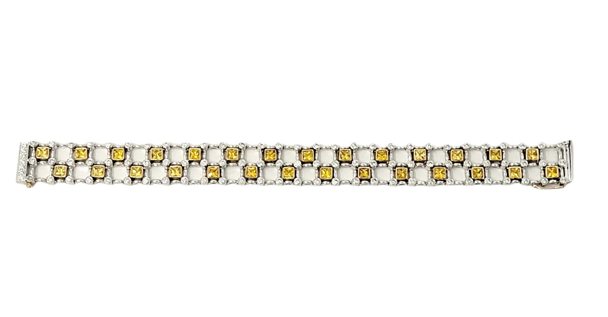 8.60 Carats Square Yellow Sapphire and Round Diamond Two-Tone Gold Link Bracelet In Good Condition For Sale In Scottsdale, AZ