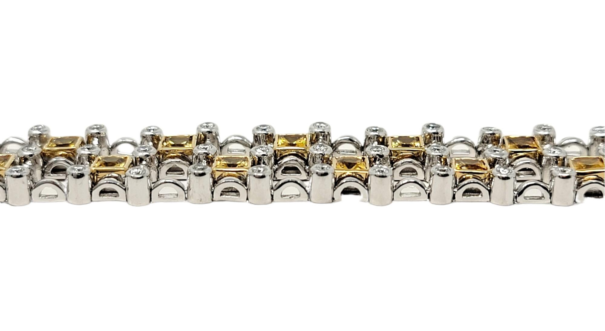 Women's 8.60 Carats Square Yellow Sapphire and Round Diamond Two-Tone Gold Link Bracelet For Sale