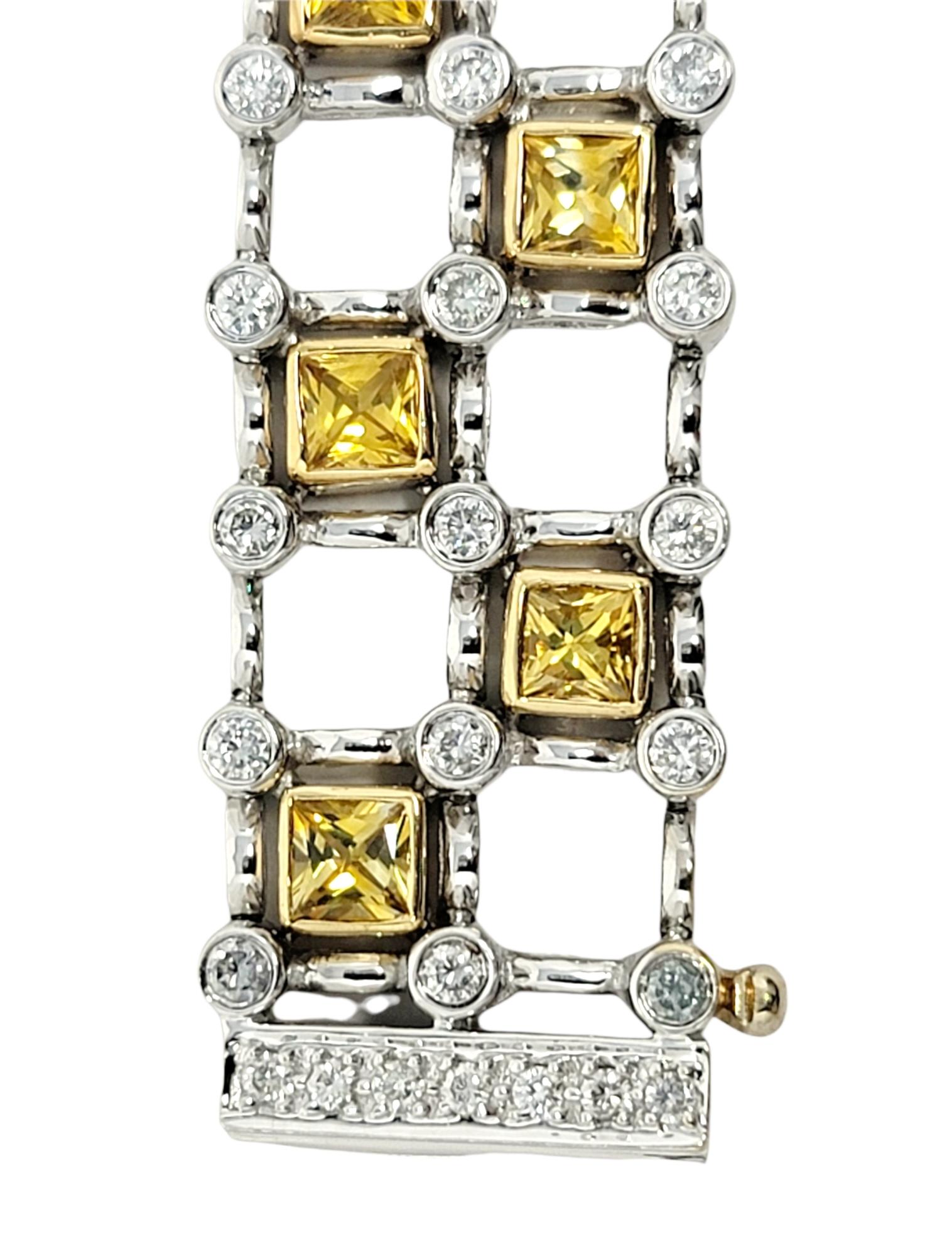 8.60 Carats Square Yellow Sapphire and Round Diamond Two-Tone Gold Link Bracelet For Sale 1