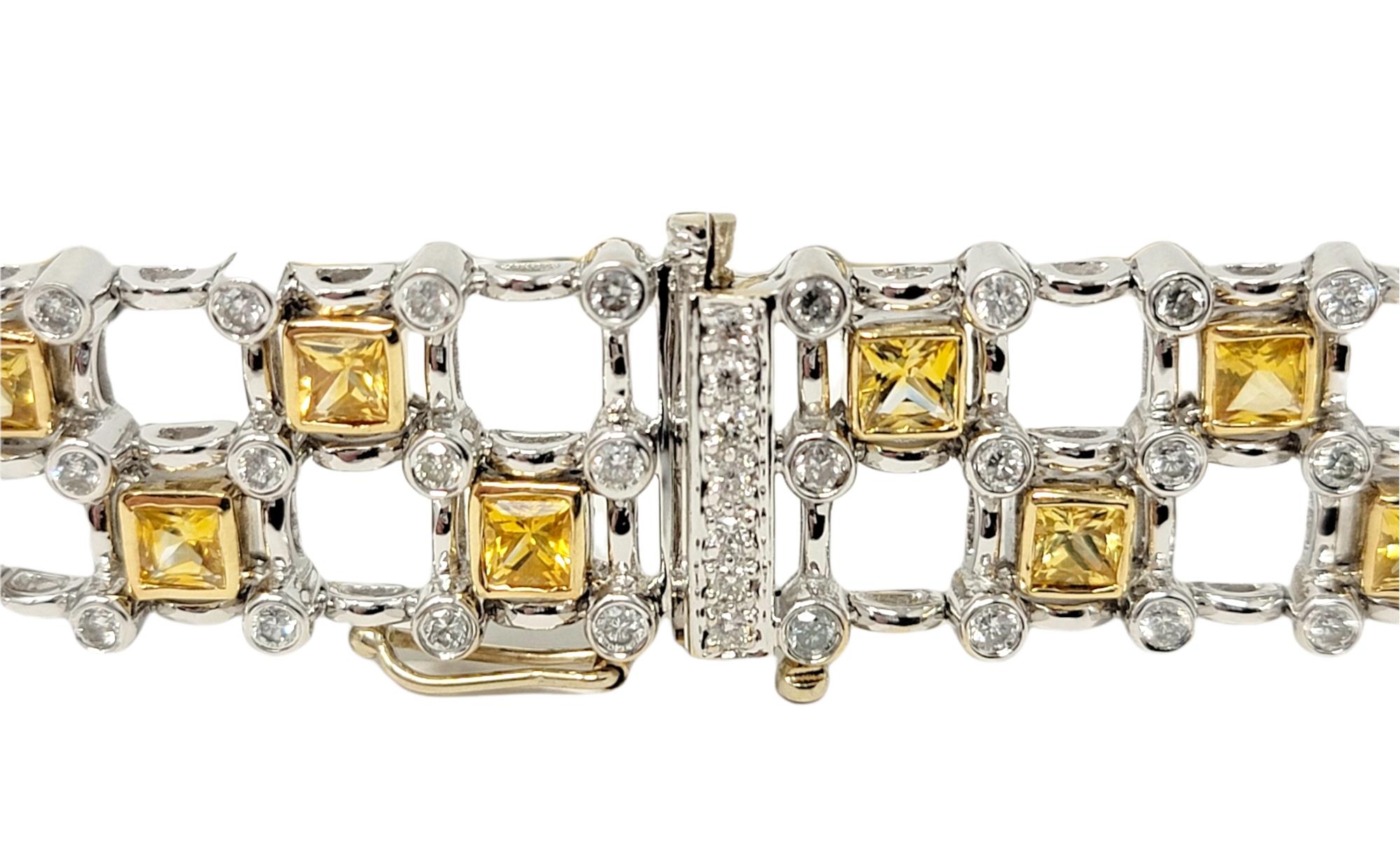 8.60 Carats Square Yellow Sapphire and Round Diamond Two-Tone Gold Link Bracelet For Sale 2