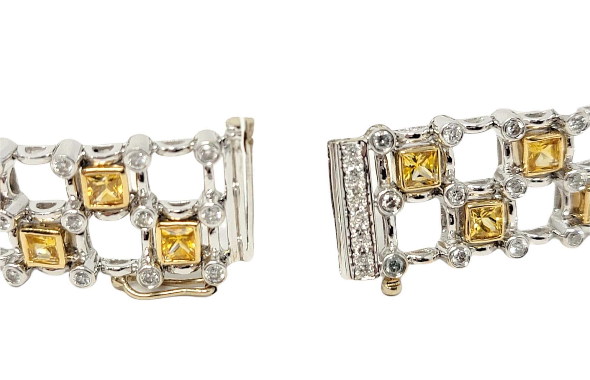 8.60 Carats Square Yellow Sapphire and Round Diamond Two-Tone Gold Link Bracelet For Sale 3