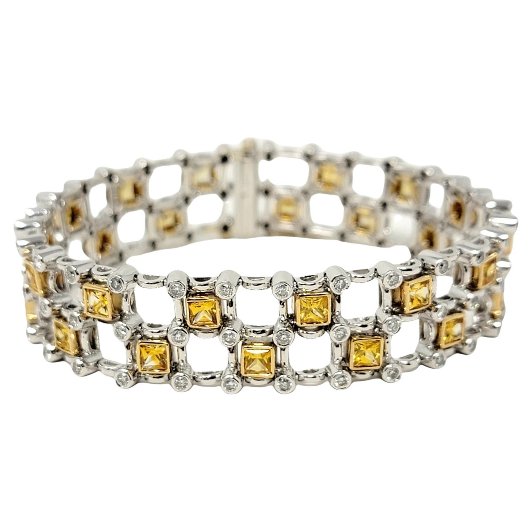 8.60 Carats Square Yellow Sapphire and Round Diamond Two-Tone Gold Link Bracelet For Sale
