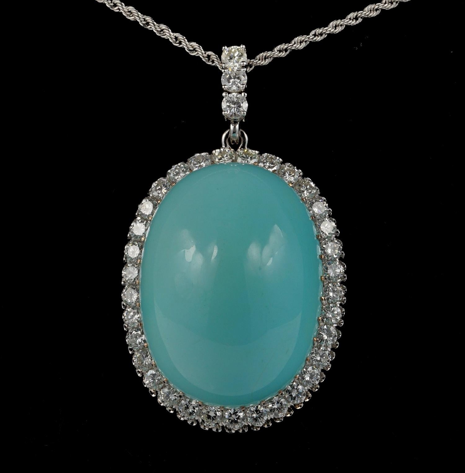 Contemporary 86.00 Carat Natural Persian Turquoise 3.00 Carat Diamond Rare Pendant For Sale