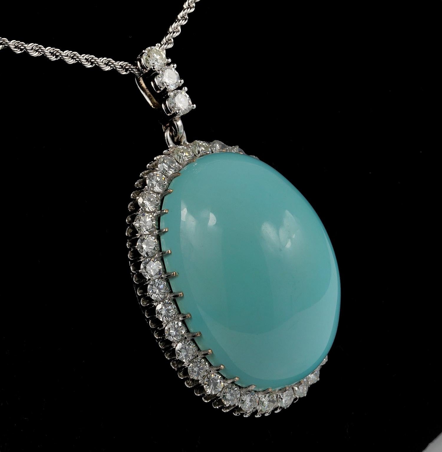 Women's 86.00 Carat Natural Persian Turquoise 3.00 Carat Diamond Rare Pendant For Sale