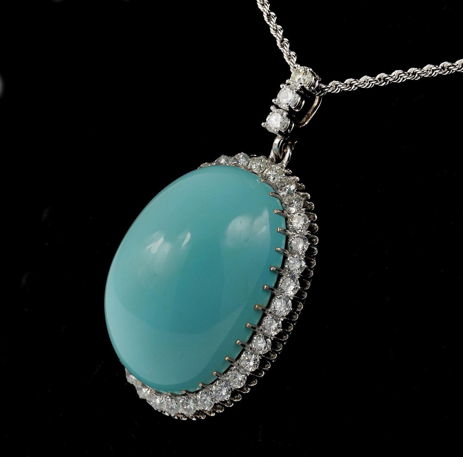 86.00 Carat Natural Persian Turquoise 3.00 Carat Diamond Rare Pendant For Sale 2